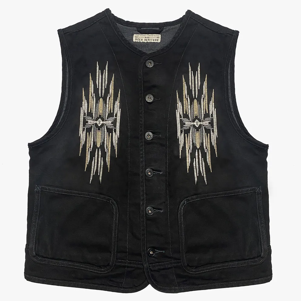 BZEN M.3203R-SILAS NAV-BB REGULAR FIT LINED VEST WITH NATIVE AMERICAN MOTIF BLACK DENIM-11OZ-E0 BLACK