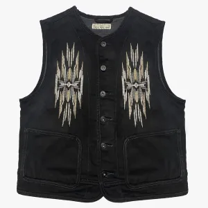 BZEN M.3203R-SILAS NAV-BB REGULAR FIT LINED VEST WITH NATIVE AMERICAN MOTIF BLACK DENIM-11OZ-E0 BLACK