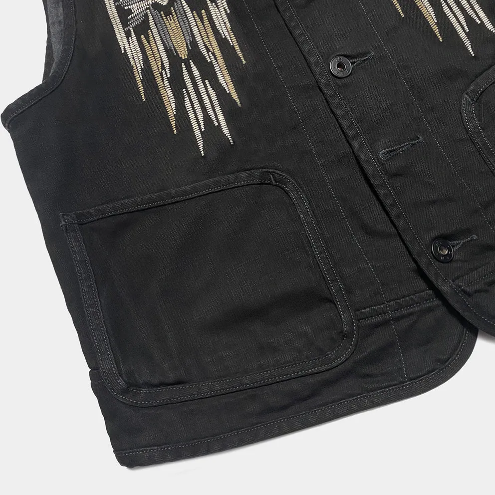 BZEN M.3203R-SILAS NAV-BB REGULAR FIT LINED VEST WITH NATIVE AMERICAN MOTIF BLACK DENIM-11OZ-E0 BLACK