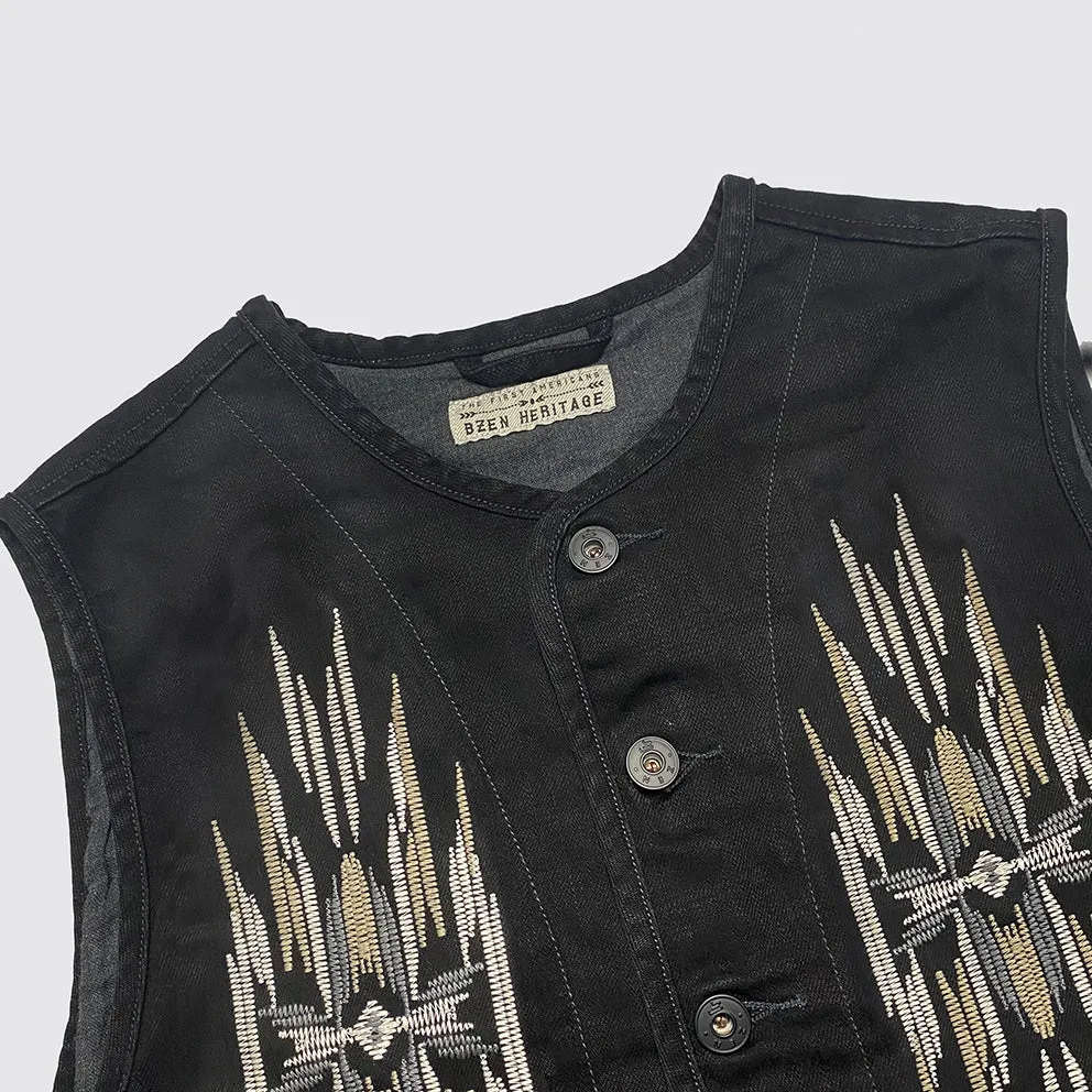 BZEN M.3203R-SILAS NAV-BB REGULAR FIT LINED VEST WITH NATIVE AMERICAN MOTIF BLACK DENIM-11OZ-E0 BLACK