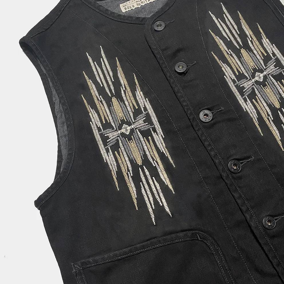 BZEN M.3203R-SILAS NAV-BB REGULAR FIT LINED VEST WITH NATIVE AMERICAN MOTIF BLACK DENIM-11OZ-E0 BLACK
