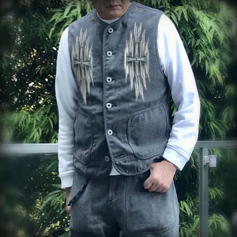 BZEN M.3203R-SILAS NAV-G REGULAR FIT LINED VEST WITH NATIVE AMERICAN MOTIF BRUSHED TWILL-12OZ-E0 GREY