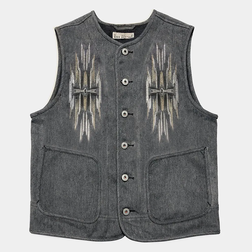 BZEN M.3203R-SILAS NAV-G REGULAR FIT LINED VEST WITH NATIVE AMERICAN MOTIF BRUSHED TWILL-12OZ-E0 GREY
