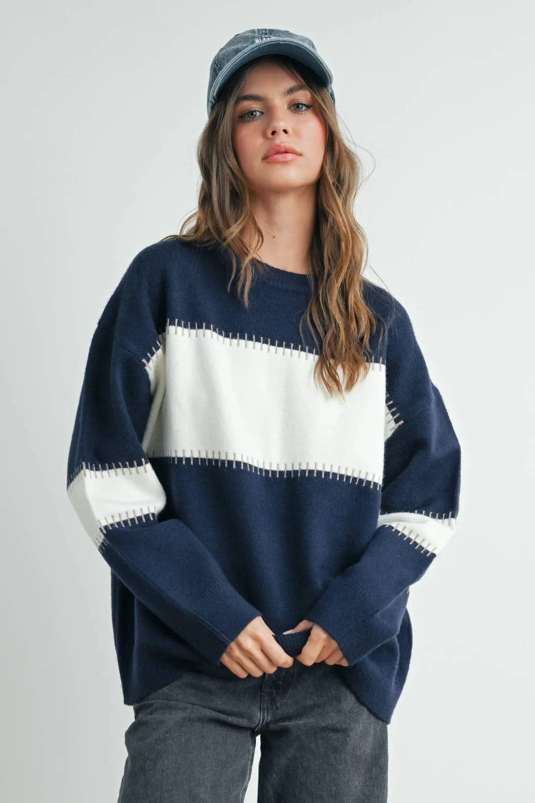 COLOR BLOCK STRIPED CREW NECK SWEATER