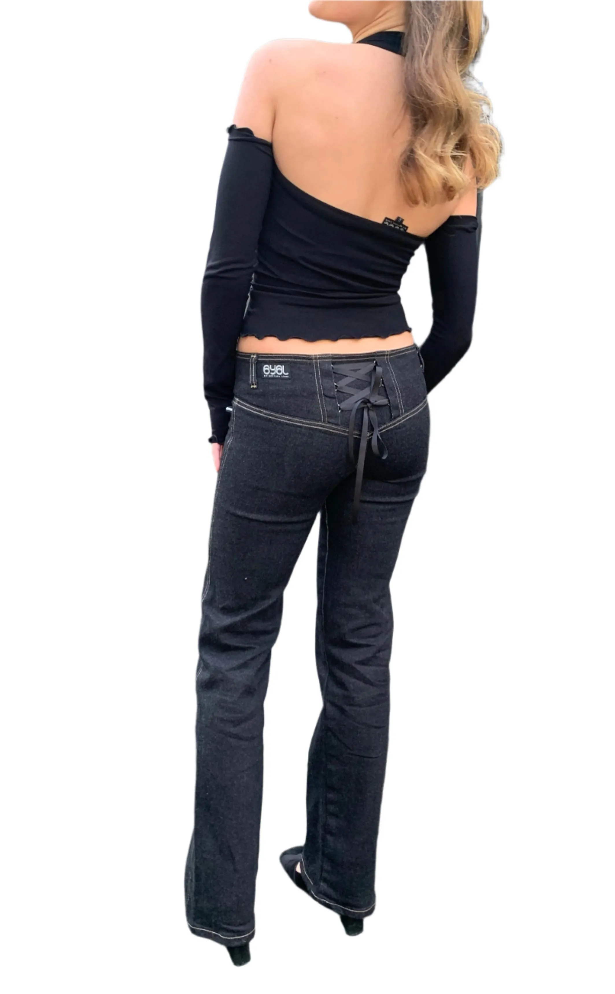 Corset Bootleg Jeans 2002. Low Rise. Stretch. Black Denim