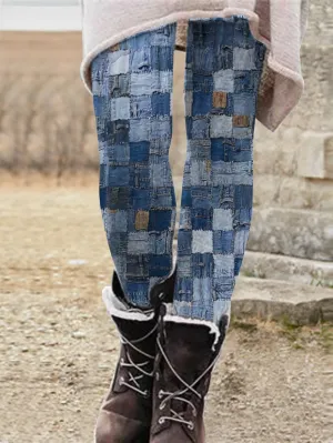 Denim-paneled printed stretch leggings BB63