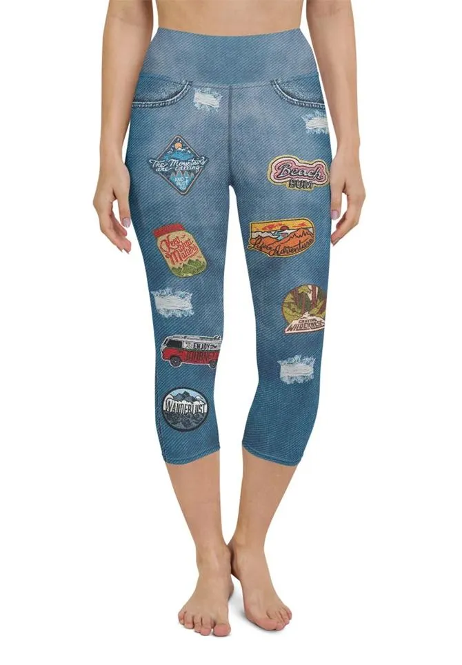 Denim Patch Print Yoga Capris