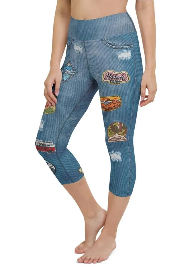 Denim Patch Print Yoga Capris