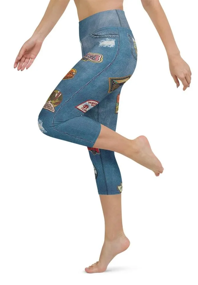 Denim Patch Print Yoga Capris