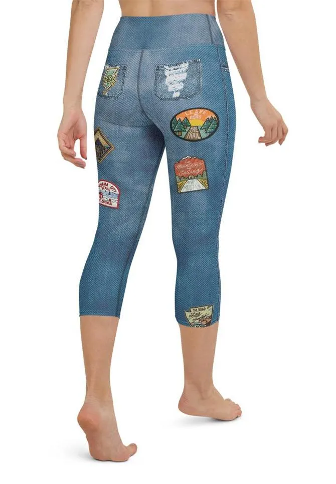 Denim Patch Print Yoga Capris