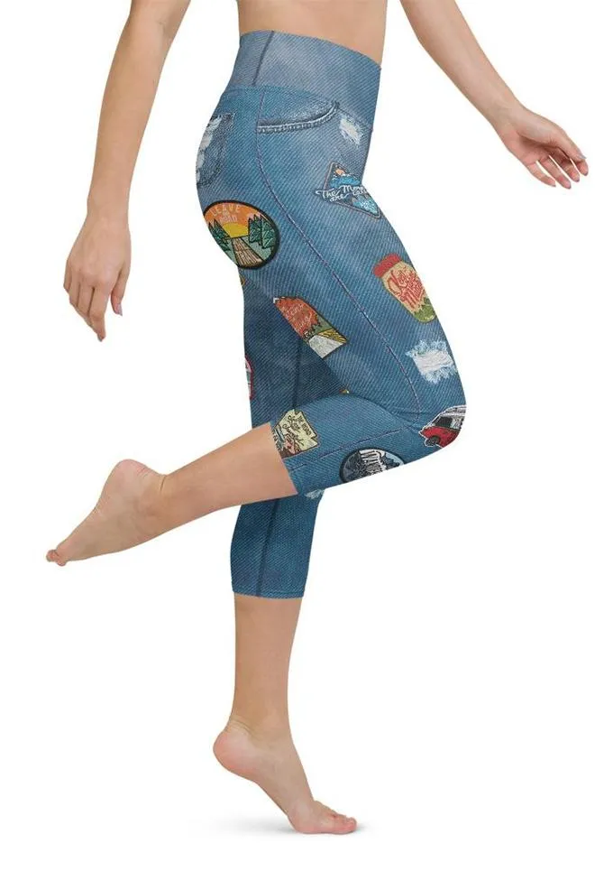 Denim Patch Print Yoga Capris