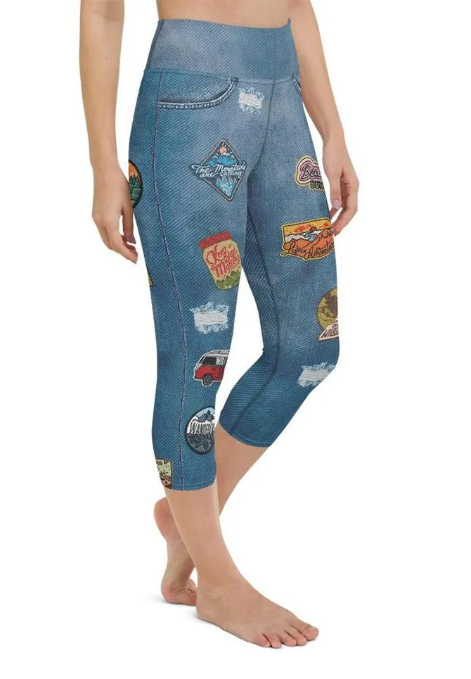Denim Patch Print Yoga Capris