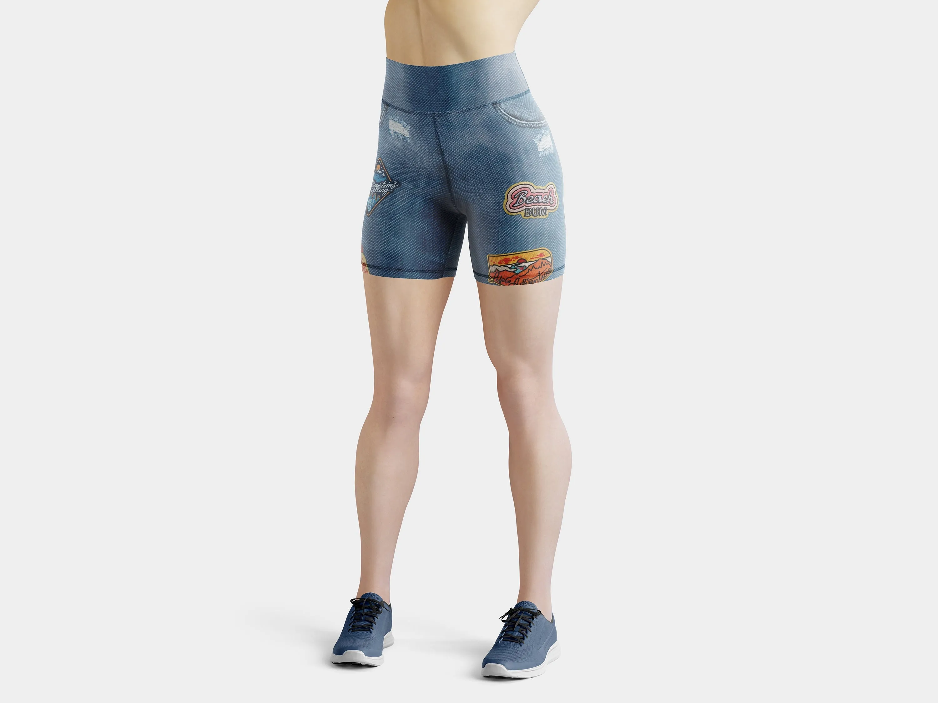 Denim Patch Print Yoga Shorts