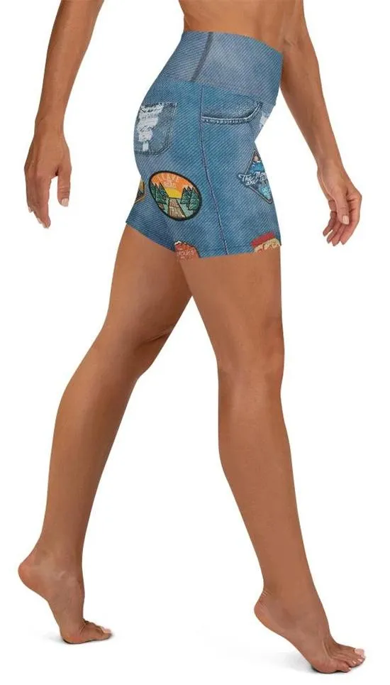Denim Patch Print Yoga Shorts