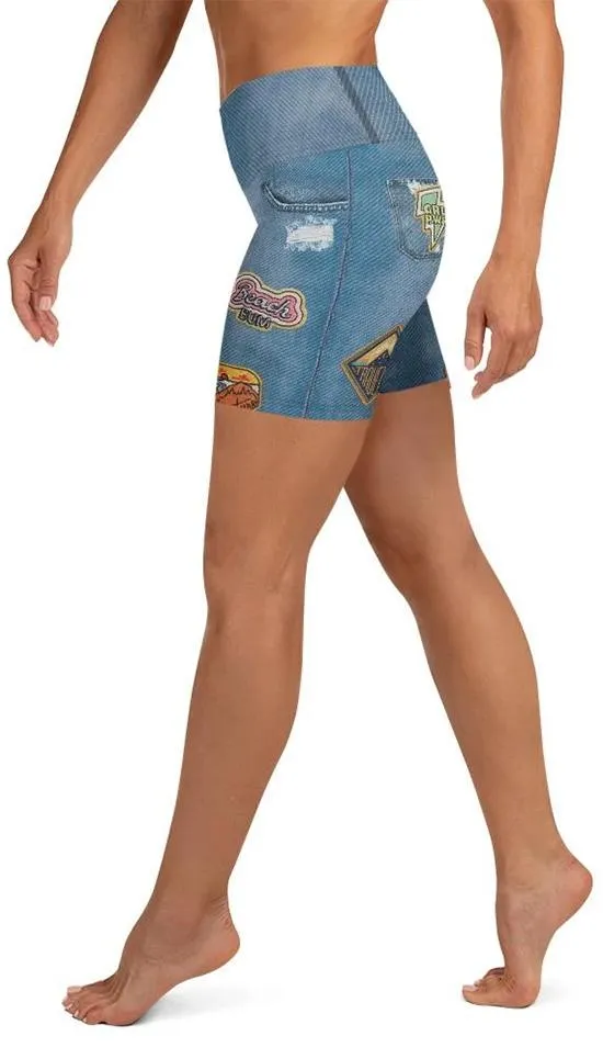 Denim Patch Print Yoga Shorts