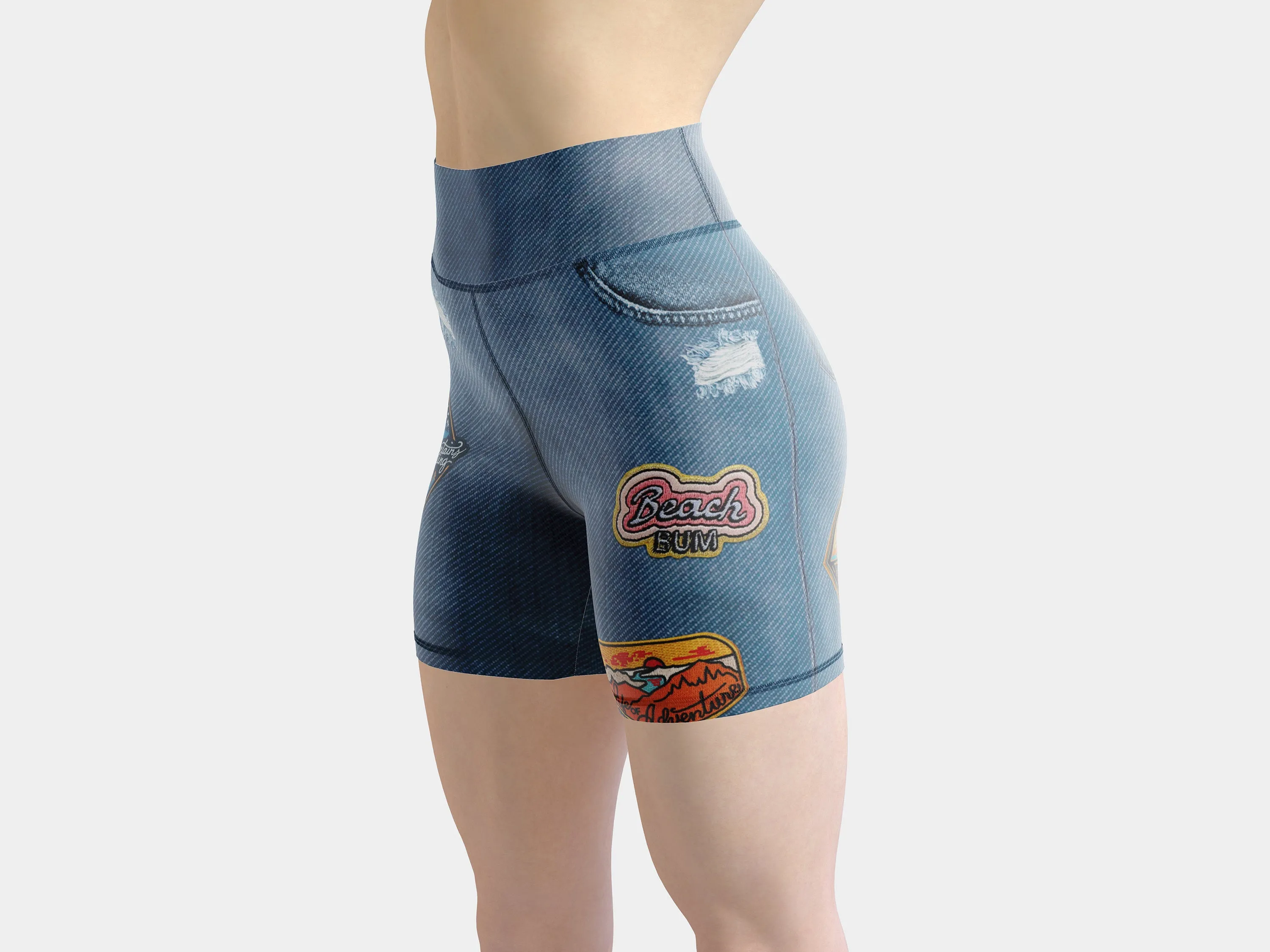 Denim Patch Print Yoga Shorts