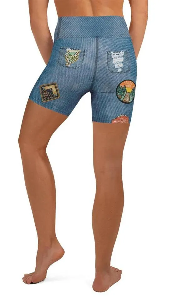 Denim Patch Print Yoga Shorts