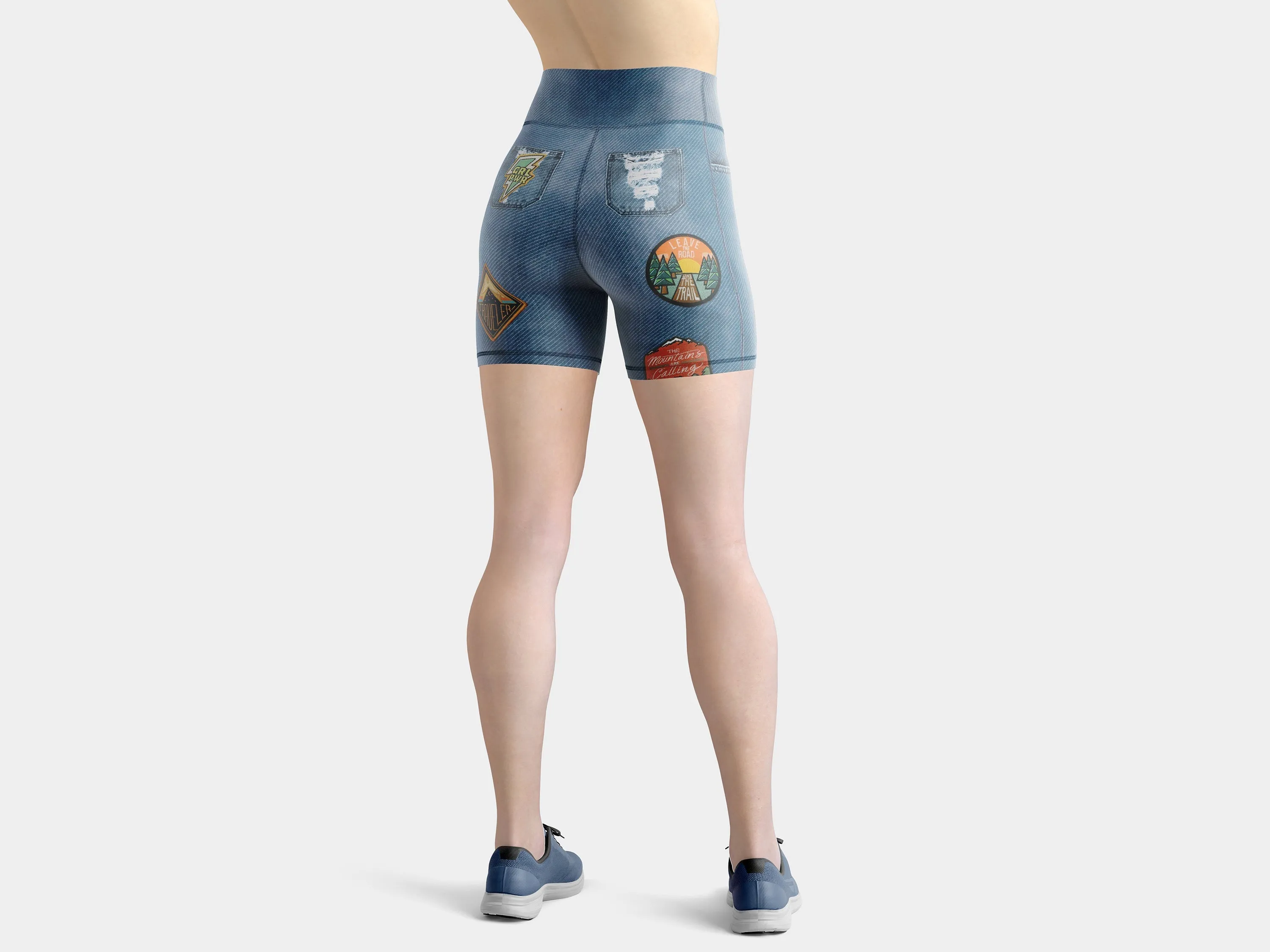 Denim Patch Print Yoga Shorts