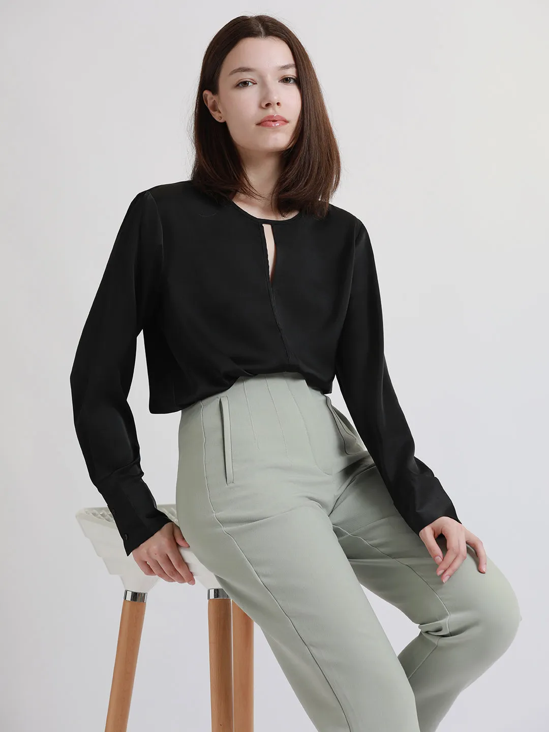 DL Woman Stylised V-neck Regular Fit Solid Black Top