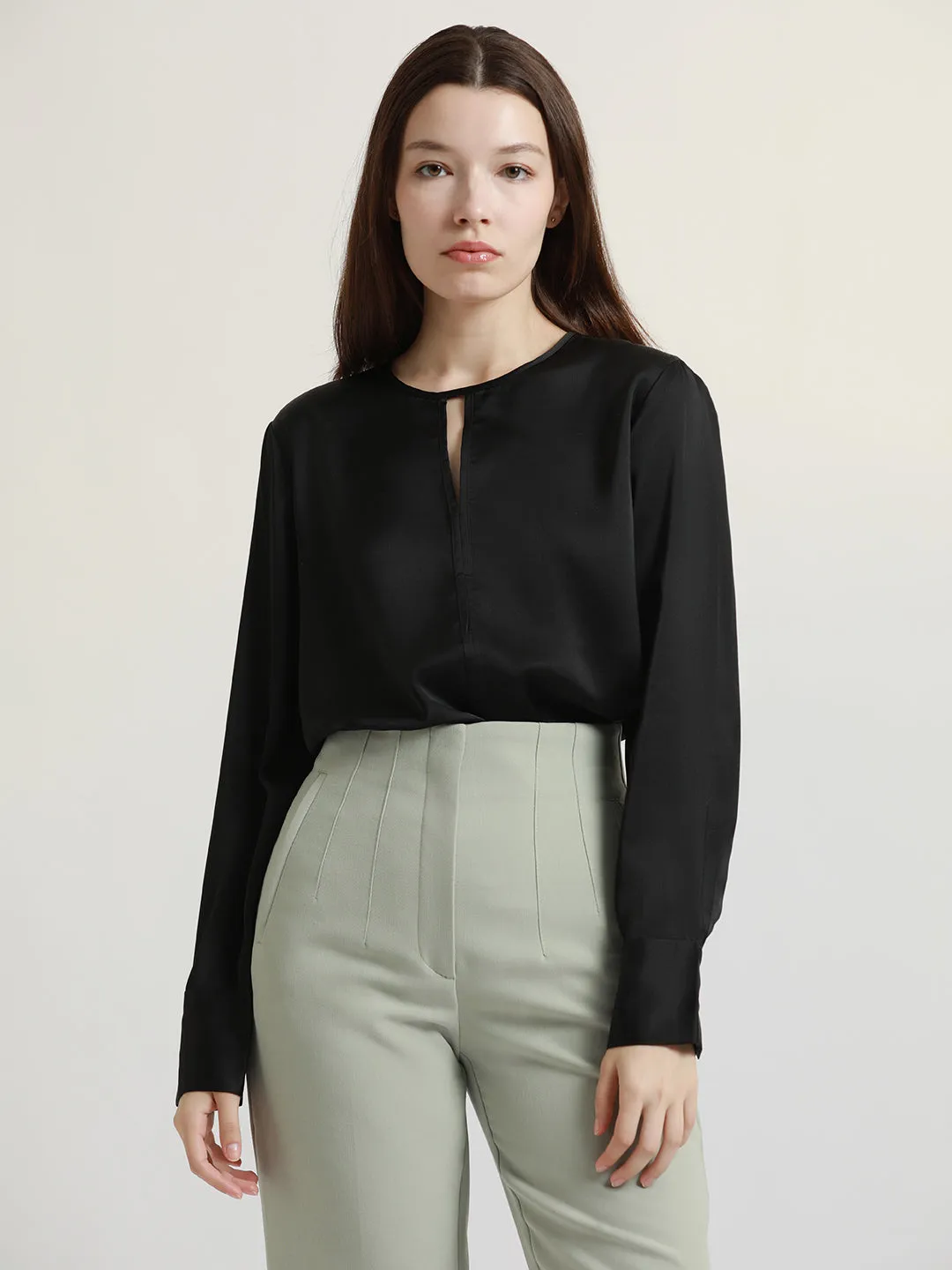 DL Woman Stylised V-neck Regular Fit Solid Black Top
