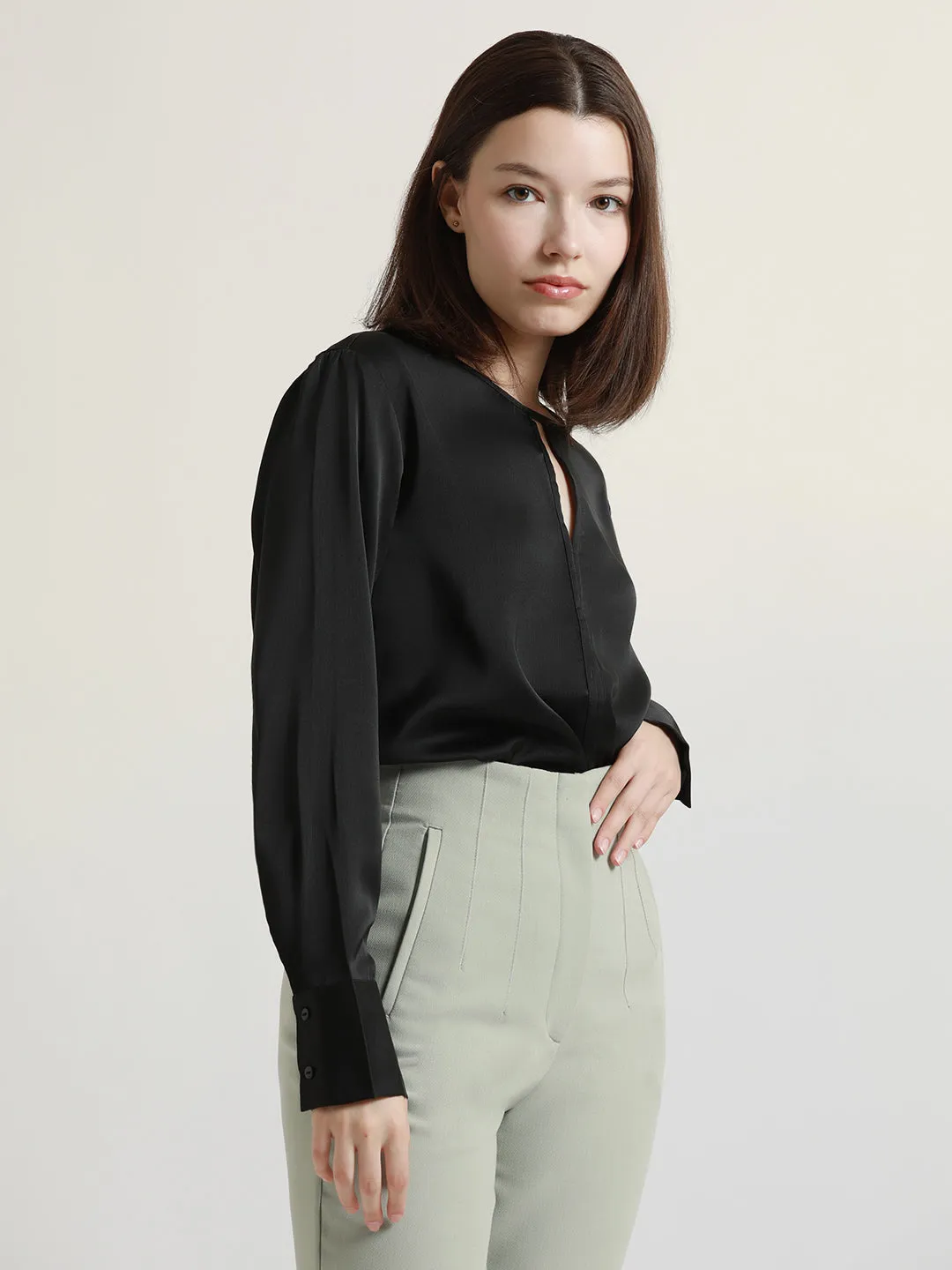 DL Woman Stylised V-neck Regular Fit Solid Black Top
