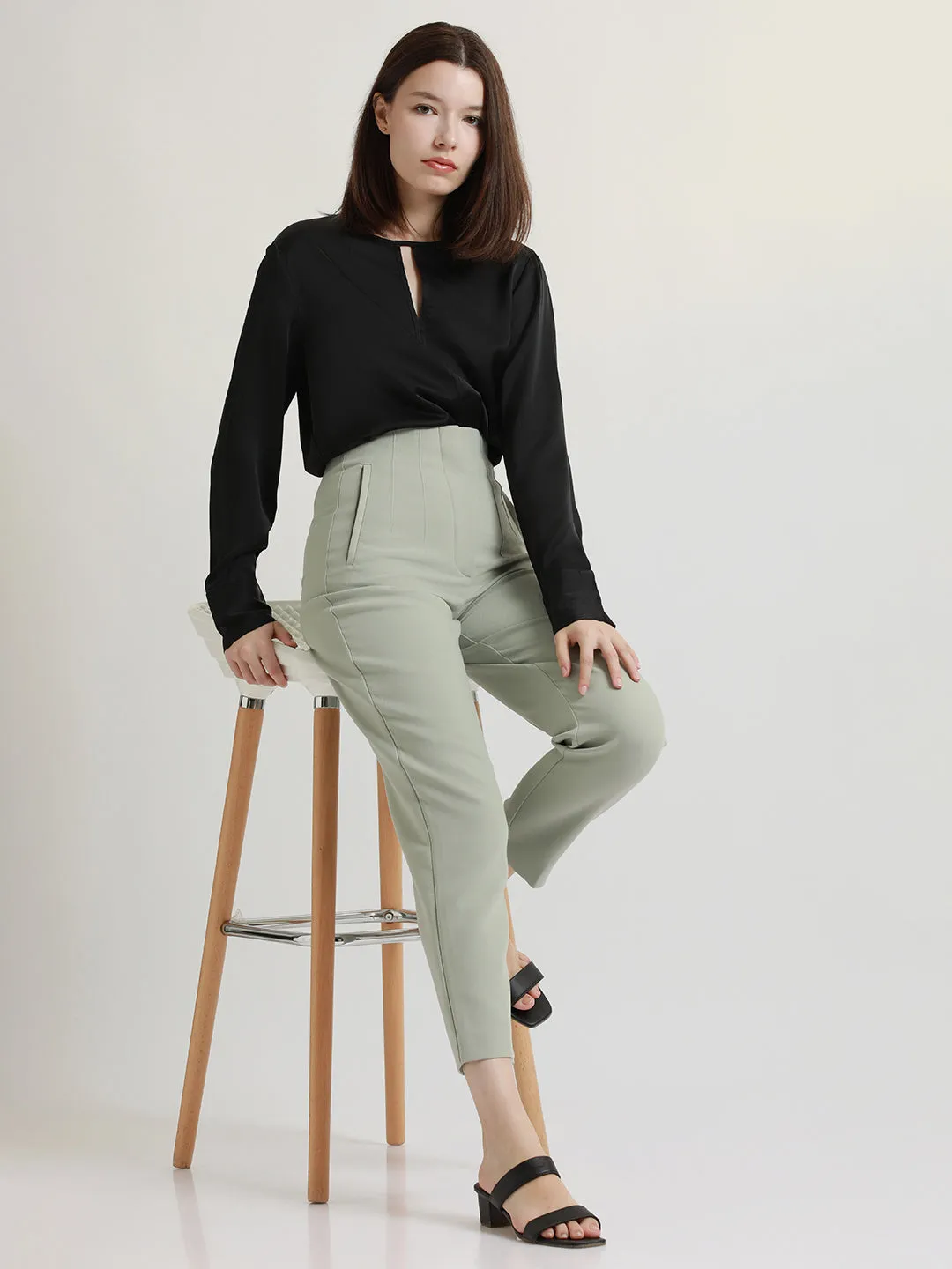 DL Woman Stylised V-neck Regular Fit Solid Black Top