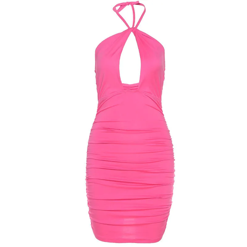Dress Sleeveless Solid Color Folds Slim Sheath Package Hips Backless Dress