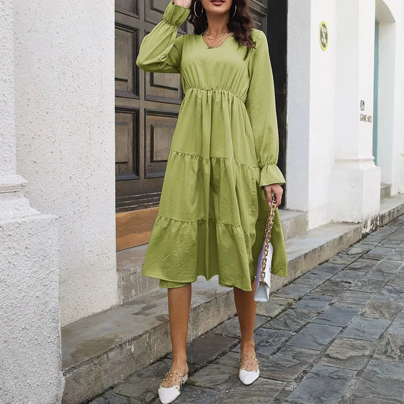 Elegant Layered Swing High Waist Full Flare Sleeve Casual Midi Dress