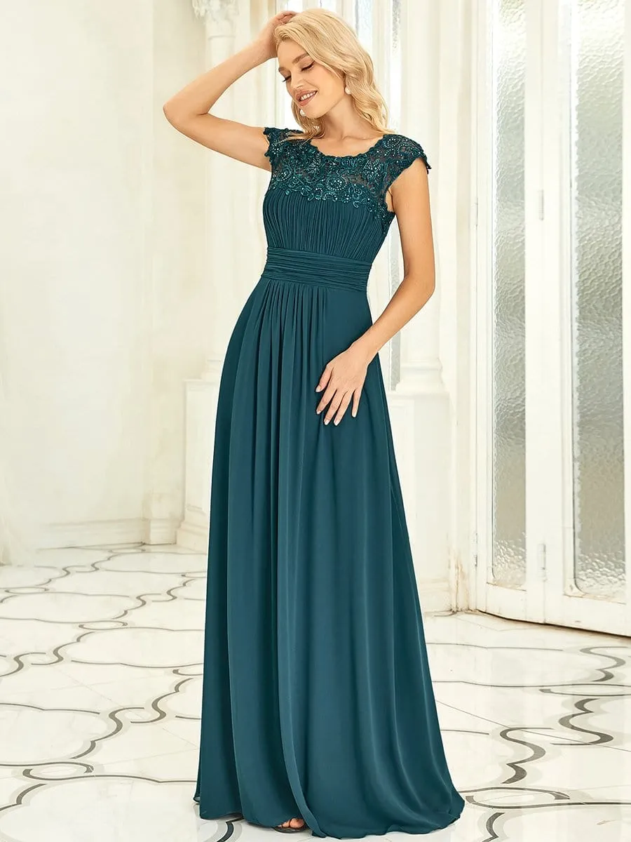 Flattering A-Line Chiffon Lace Evening Dress for Wedding with Cap Sleeve