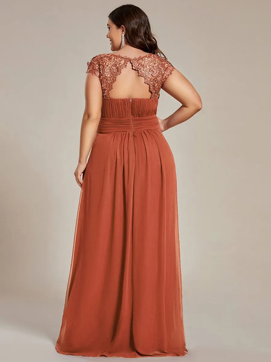 Flattering A-Line Chiffon Lace Evening Dress for Wedding with Cap Sleeve