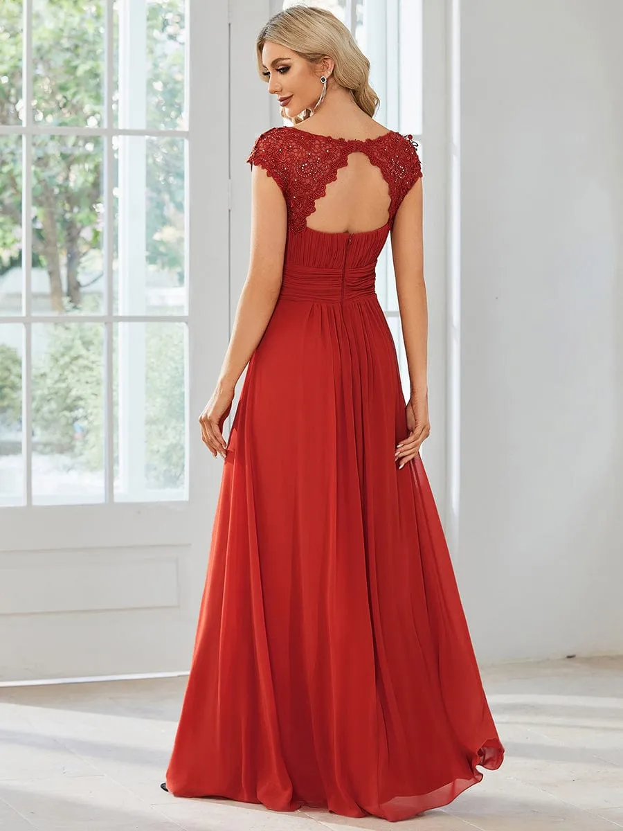 Flattering A-Line Chiffon Lace Evening Dress for Wedding with Cap Sleeve