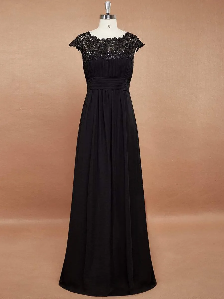 Flattering A-Line Chiffon Lace Evening Dress for Wedding with Cap Sleeve