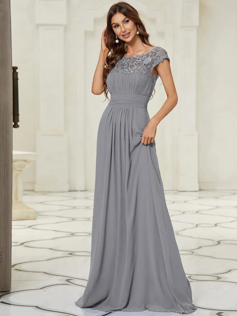 Flattering A-Line Chiffon Lace Evening Dress for Wedding with Cap Sleeve
