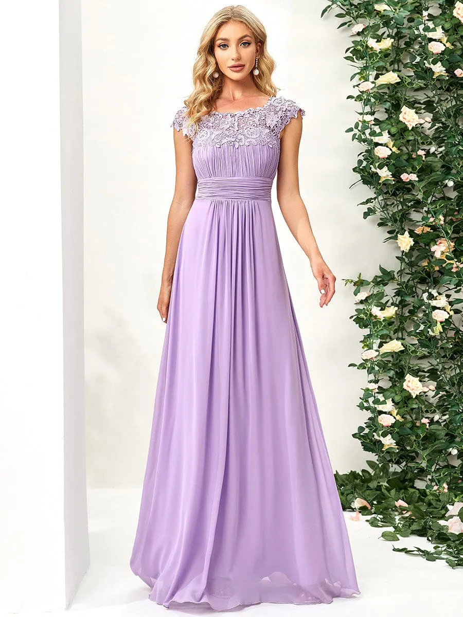 Flattering A-Line Chiffon Lace Evening Dress for Wedding with Cap Sleeve