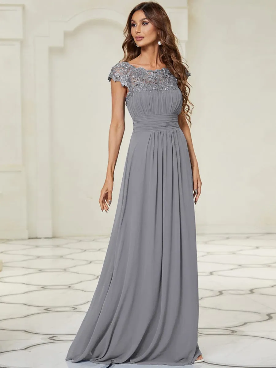 Flattering A-Line Chiffon Lace Evening Dress for Wedding with Cap Sleeve