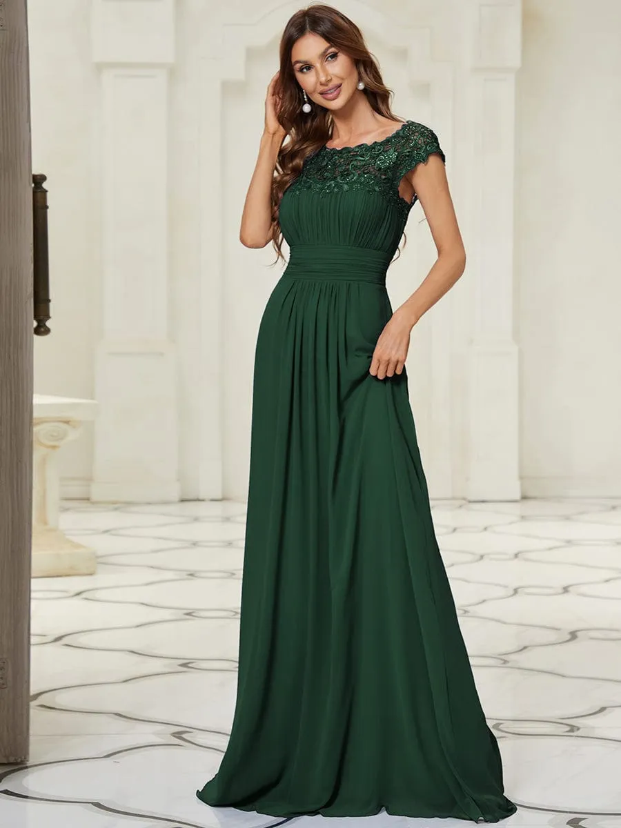 Flattering A-Line Chiffon Lace Evening Dress for Wedding with Cap Sleeve