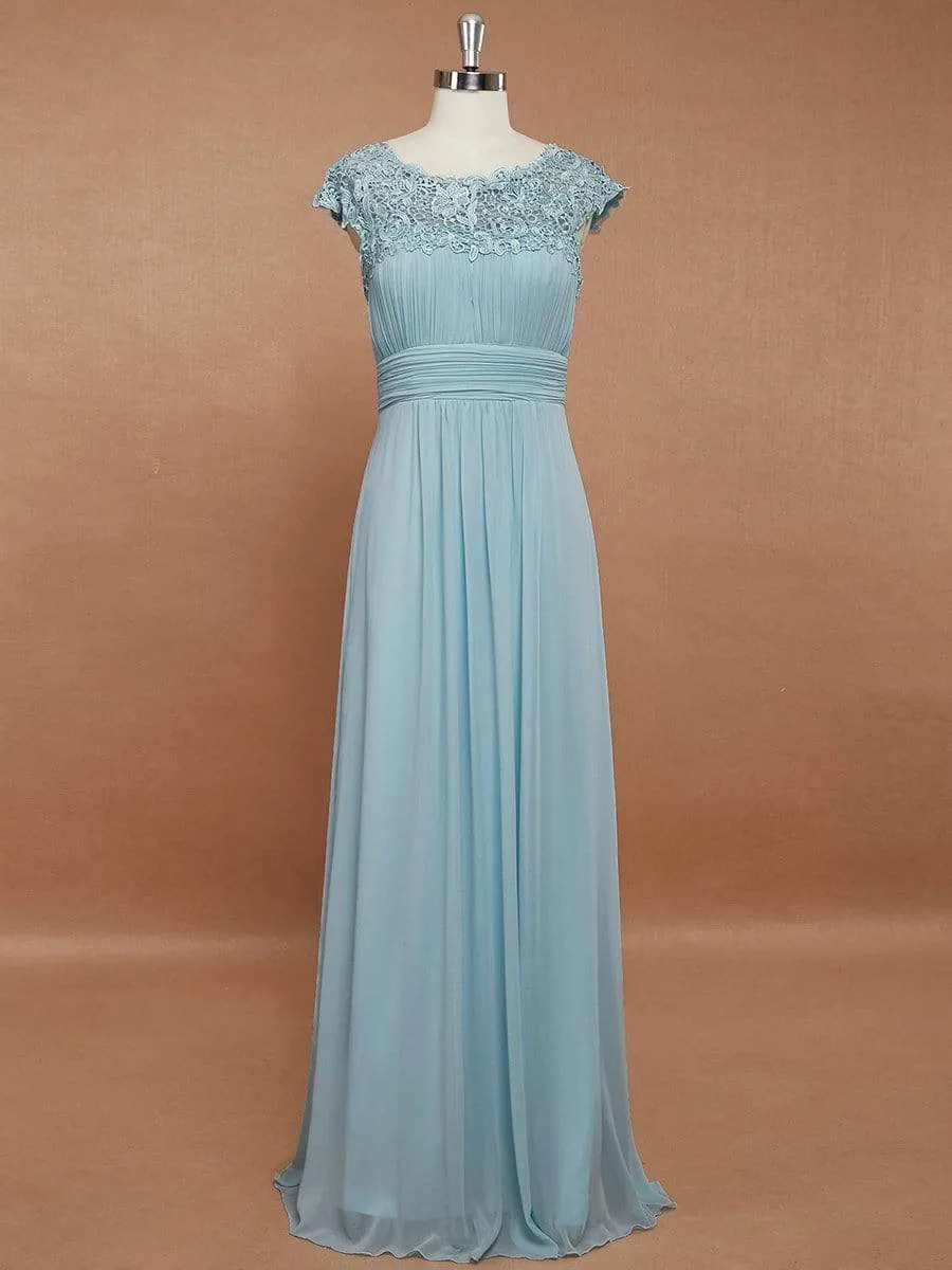 Flattering A-Line Chiffon Lace Evening Dress for Wedding with Cap Sleeve