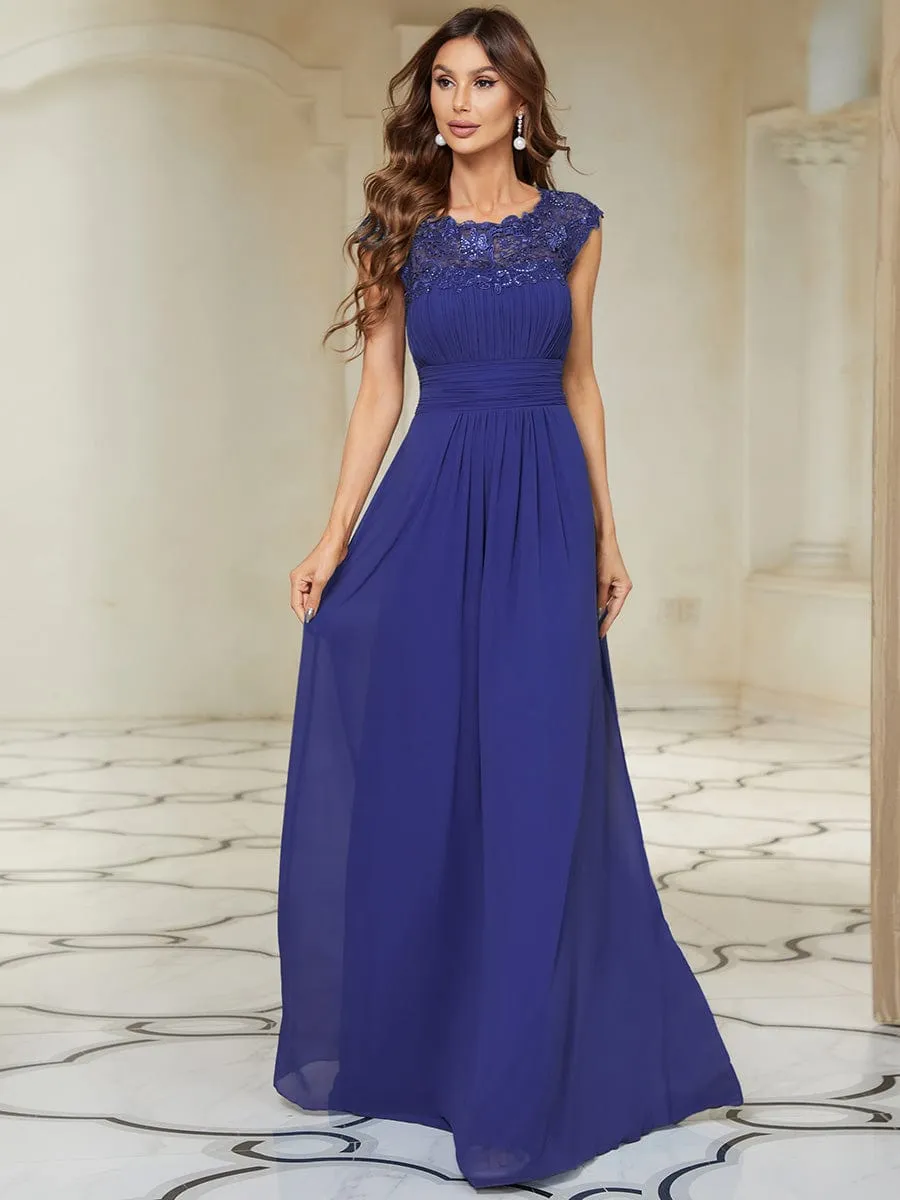 Flattering A-Line Chiffon Lace Evening Dress for Wedding with Cap Sleeve