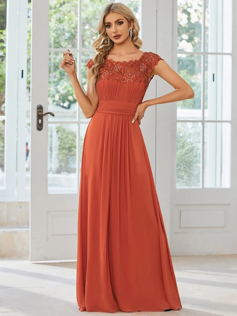 Flattering A-Line Chiffon Lace Evening Dress for Wedding with Cap Sleeve