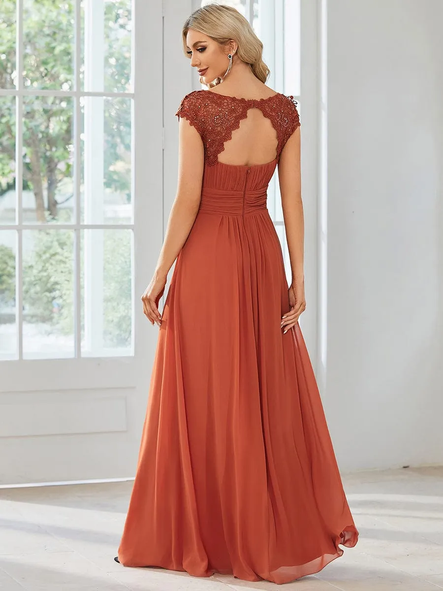 Flattering A-Line Chiffon Lace Evening Dress for Wedding with Cap Sleeve