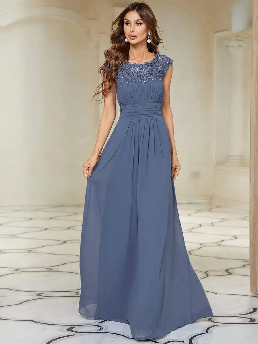 Flattering A-Line Chiffon Lace Evening Dress for Wedding with Cap Sleeve