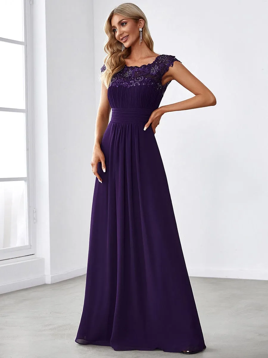 Flattering A-Line Chiffon Lace Evening Dress for Wedding with Cap Sleeve