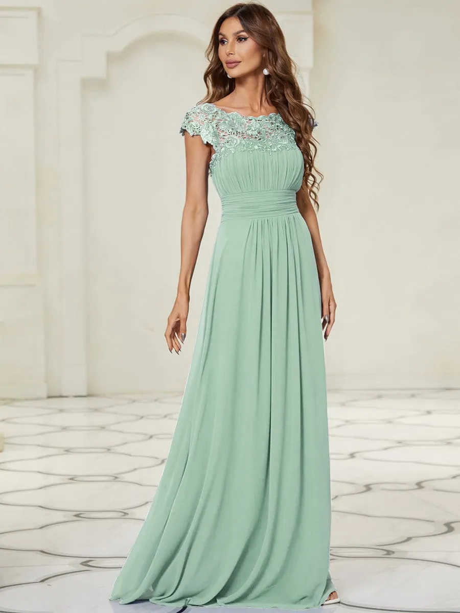 Flattering A-Line Chiffon Lace Evening Dress for Wedding with Cap Sleeve