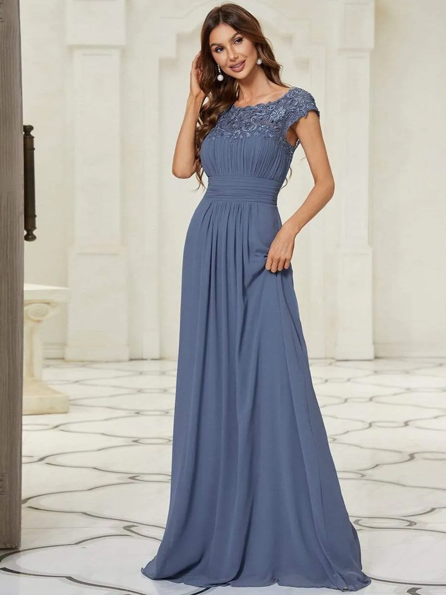 Flattering A-Line Chiffon Lace Evening Dress for Wedding with Cap Sleeve