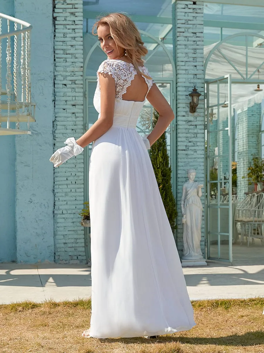 Flattering A-Line Chiffon Lace Evening Dress for Wedding with Cap Sleeve
