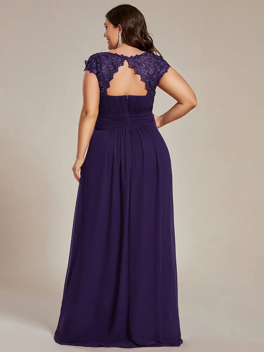 Flattering A-Line Chiffon Lace Evening Dress for Wedding with Cap Sleeve