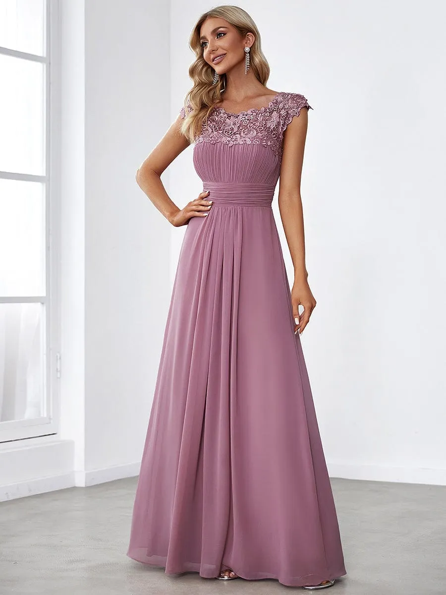 Flattering A-Line Chiffon Lace Evening Dress for Wedding with Cap Sleeve