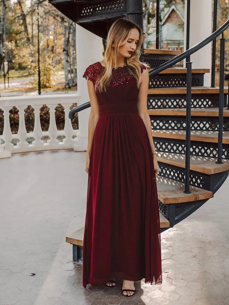 Flattering A-Line Chiffon Lace Evening Dress for Wedding with Cap Sleeve