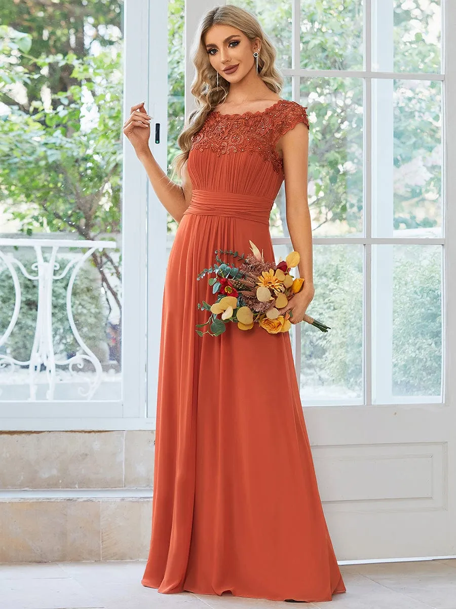 Flattering A-Line Chiffon Lace Evening Dress for Wedding with Cap Sleeve
