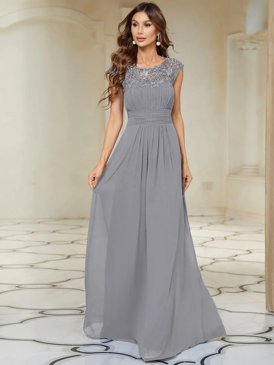 Flattering A-Line Chiffon Lace Evening Dress for Wedding with Cap Sleeve